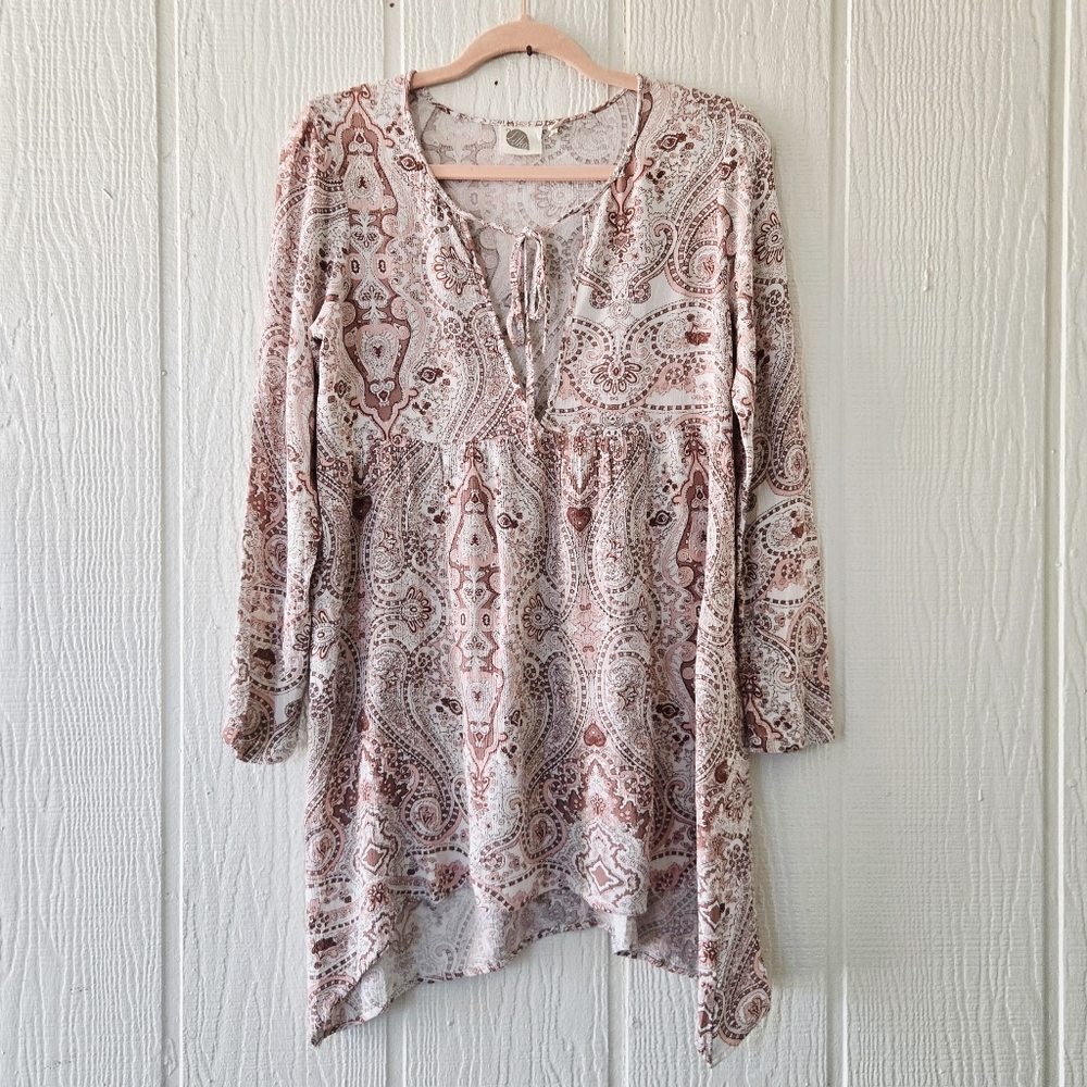 Anthropologie Lilka Boho Peasant Keyhole Tie Front Mini Longsleeve Pink Small